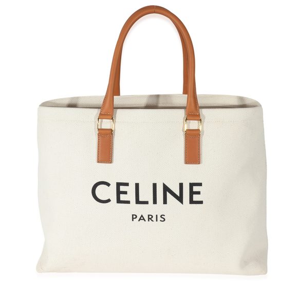 Celine Natural Canvas Tan Calfskin Horizontal Cabas Tote - Picture 1 of 7